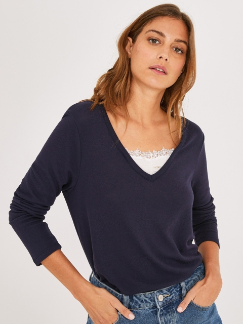

promod Women Navy Blue & White Solid Winter Top