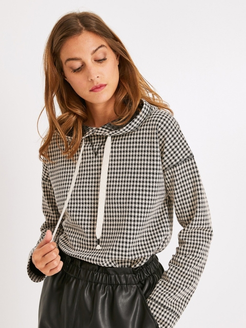 

promod Women Off-White & Black Checked Hooded Sweatshirt