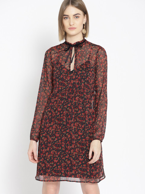 

promod Women Red & Black Floral Printed A-Line Dress