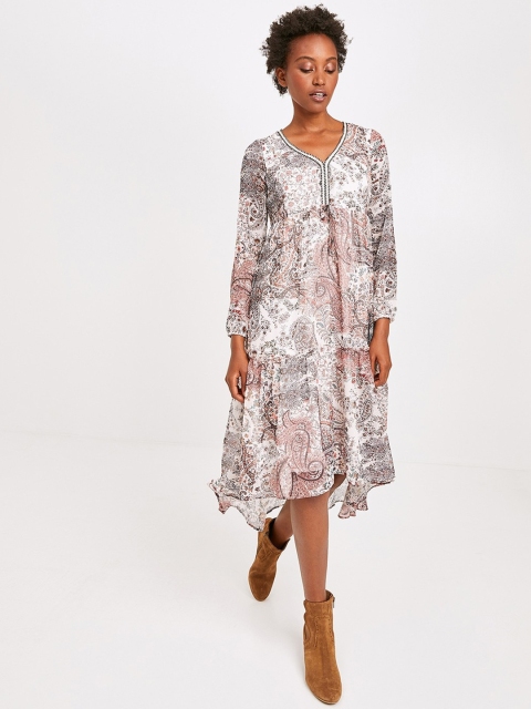 

promod Women Off-White & Rust Red Printed Tiered A-Line Dress