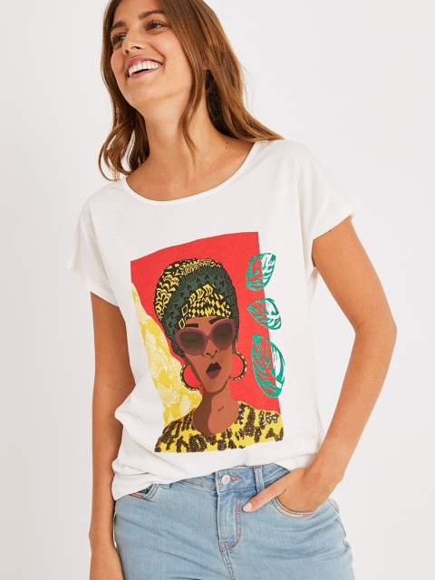 

promod Women White & Red Printed Styled Back Top