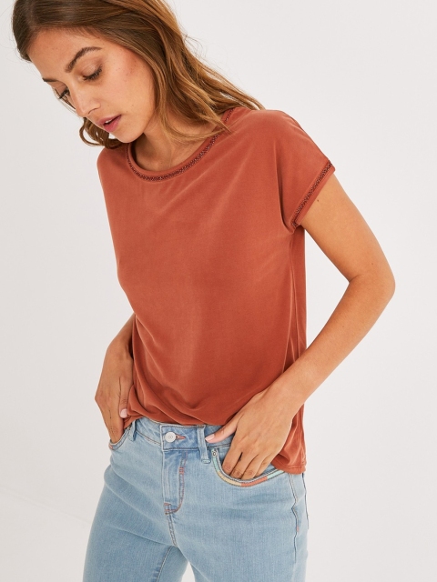 

promod Women Rust Brown Solid Round Neck T-shirt