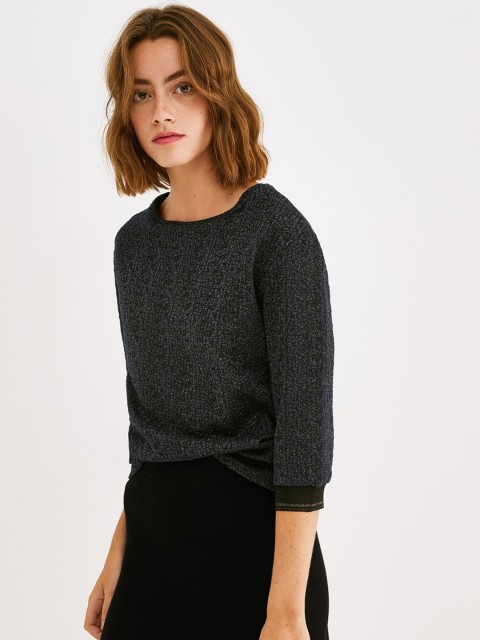 

promod Women Navy Blue & Black Self Design Top With Shimmer Detail