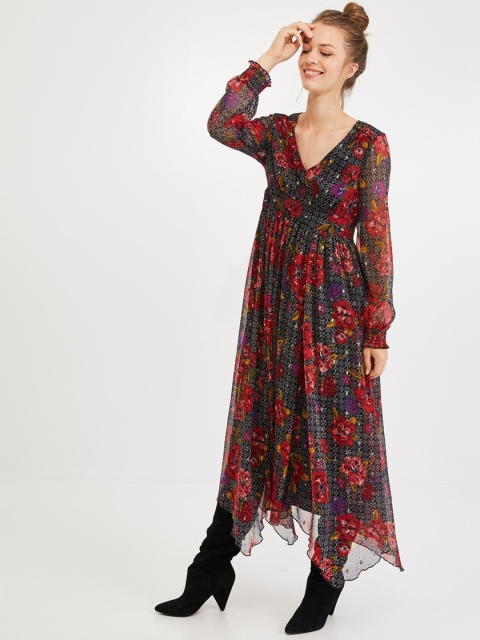 

promod Women Charcoal Grey & Red Floral Printed Maxi Dress