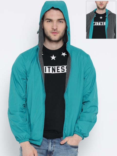 

United Colors of Benetton Sea Green & Grey Melange Reversible Hooded Jacket
