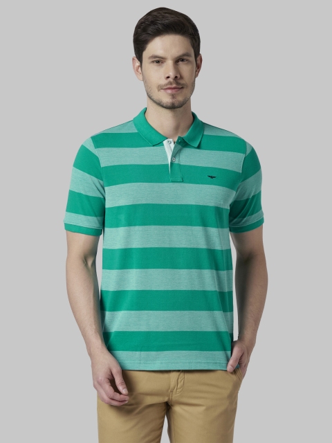 

Park Avenue Men Teal Green Striped Polo Collar T-shirt