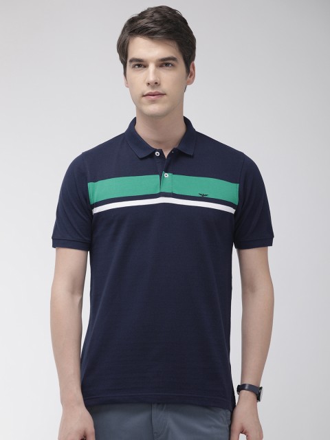 

Park Avenue Men Navy Blue Striped Polo Collar T-shirt