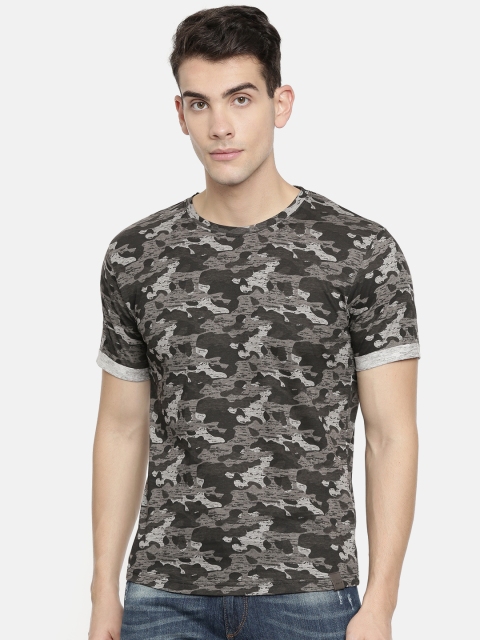 

John Players Men Charcoal Grey & Black Slim Fit Printed Round Neck T-shirt