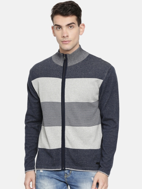 

John Players Men Grey Melange & Navy Blue Melange Slim Fit Front-Open Sweater