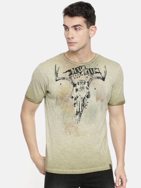 

John Players Men Olive Green & Beige Printed Round Neck T-shirt