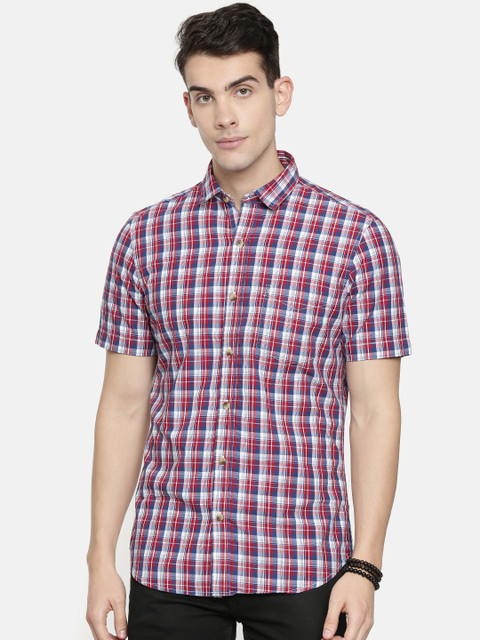 

John Players Men Red & White Trim Fit Checked Casual Shirt