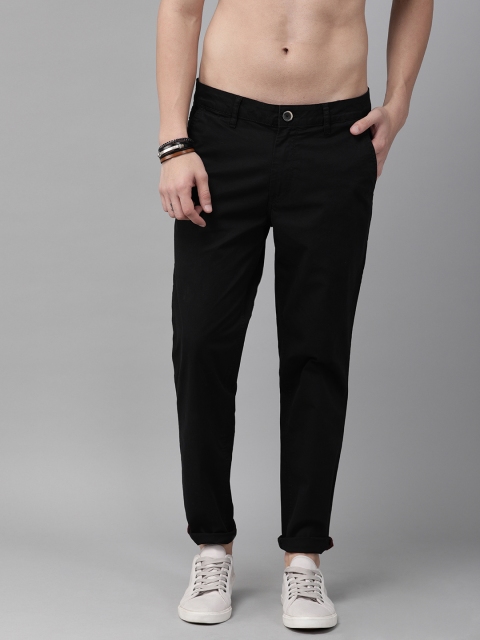 Men Black Tapered Fit Solid Regular Trousers
