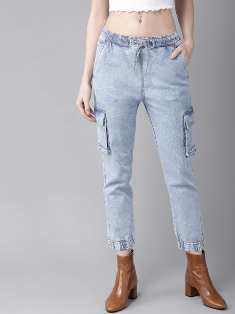 

Roadster Women Blue Straight Fit Acid Washed Cropped Denim Joggers