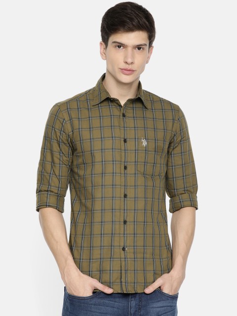 

U.S. Polo Assn. Men Green & Navy Blue Checked Tailored Fit Casual Shirt