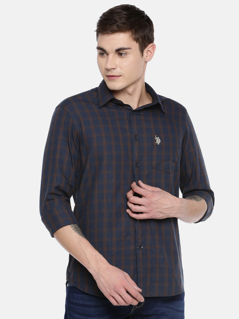 

U.S. Polo Assn. Men Navy Blue & Brown Tailored Fit Checked Casual Shirt