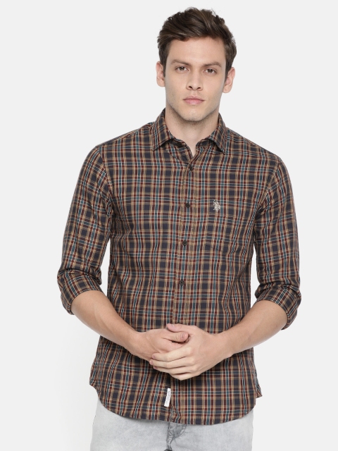 

U.S. Polo Assn. Men Brown & Blue Checked Tailored Fit Casual Shirt