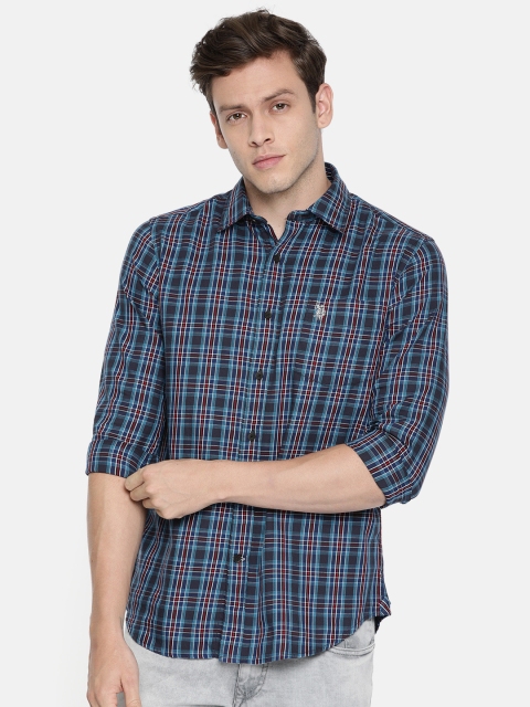 

U.S. Polo Assn. Men Teal Blue & White Checked Tailored Fit Casual Shirt