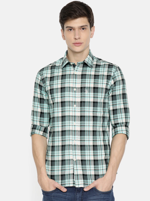 

U.S. Polo Assn. Men Grey & Turquoise Blue Checked Tailored Fit Casual Shirt