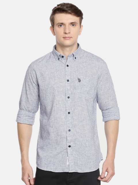 

U.S. Polo Assn. Men White & Blue Tailored Fit Self Design Casual Shirt