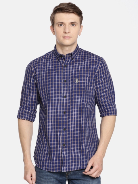 

U.S. Polo Assn. Men Navy Blue & Mustard Yellow Tailored Fit Checked Casual Shirt