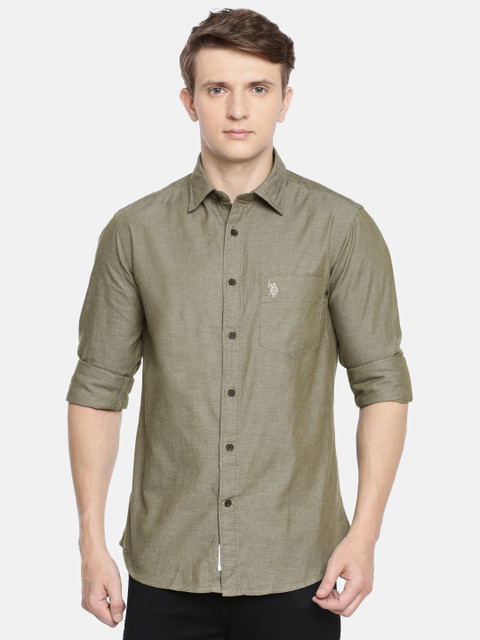 

U.S. Polo Assn. Men Olive Green Tailored Fit Solid Casual Shirt