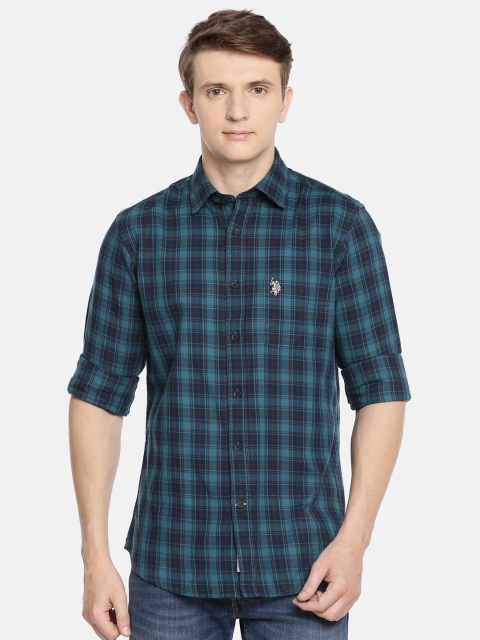 

U.S. Polo Assn. Men Teal Blue & Brown Tailored Fit Checked Casual Shirt