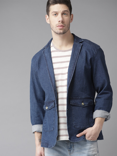 

Roadster Men Navy Blue Solid Single-Breasted Casual Denim Blazer