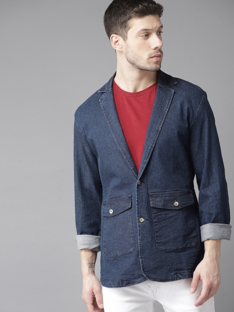 

Roadster Men Navy Blue Solid Denim Casual Pure Cotton Blazer