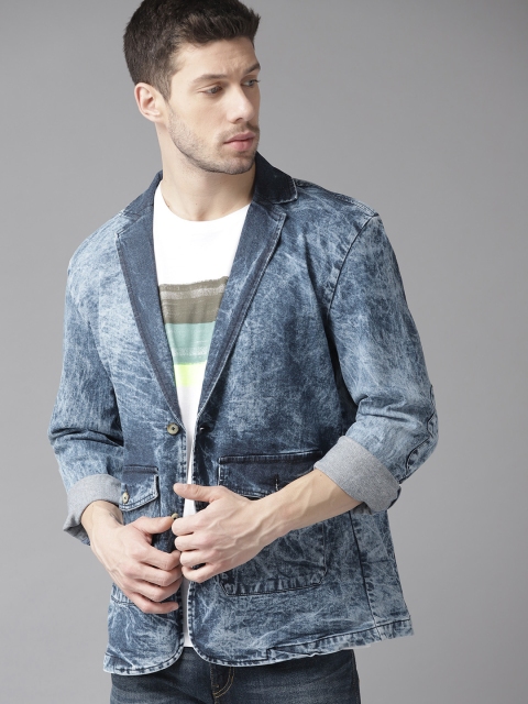 

Roadster Men Navy Blue Washed Denim Single Breasted Casual Blazer