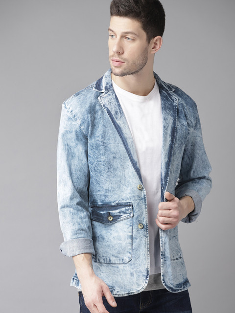 

Roadster Men Blue Acid Washed Single-Breasted Casual Denim Blazer