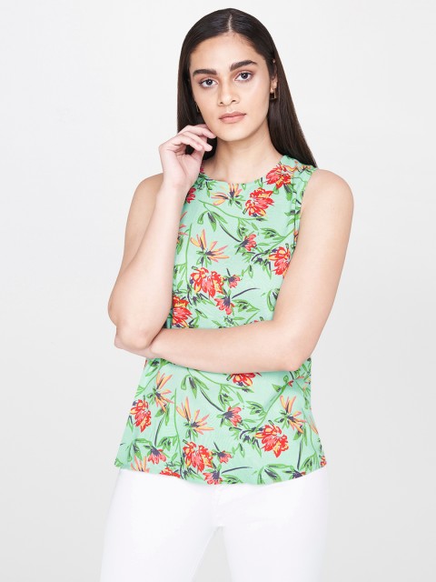 

AND Women Sea Green Floral Printed Regular Top