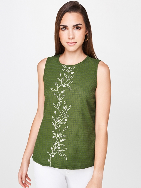 

AND Women Olive Green Self Design Embroidered Top