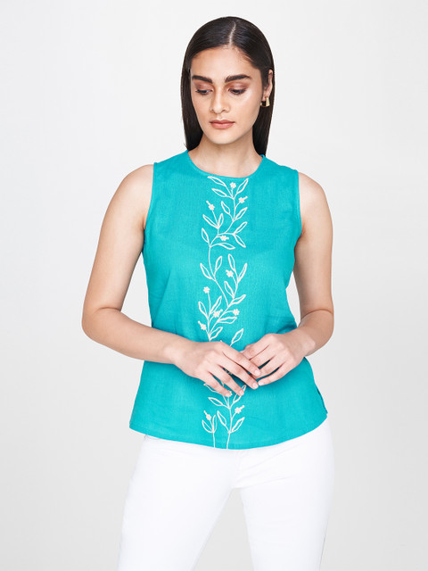 

AND Women Blue Solid Embroidered Top