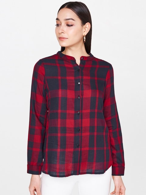 

AND Women Red & Navy Blue Regular Fit Checked Casual Shirt