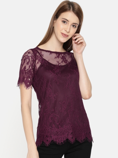 

AND Women Burgundy Solid Lace Top