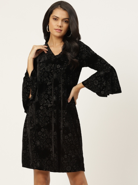 

AND Women Black Floral Velvet A-Line Dress