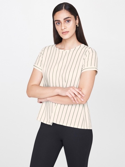 

AND Women White & Green Striped A-Line Top