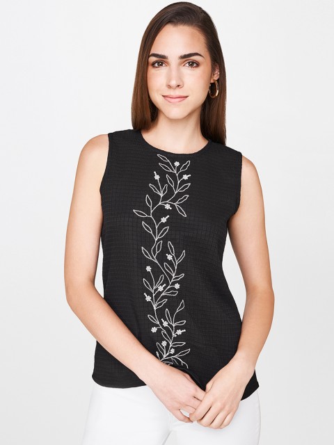 

AND Women Black Self Design Embroidered Top