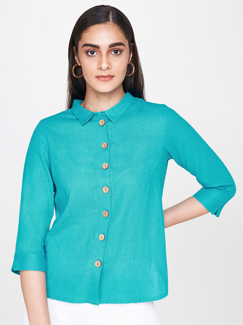 

AND Women Blue Slim Fit Solid Casual Shirt