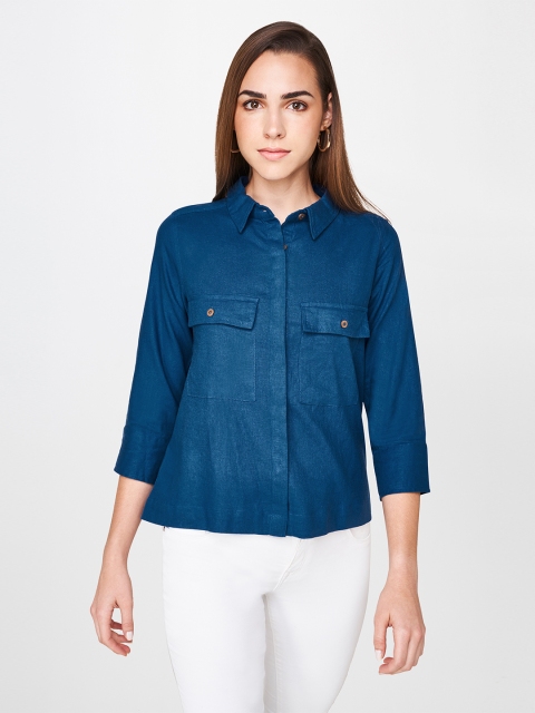 

AND Women Teal Blue Regular Fit Solid Casual Shirt