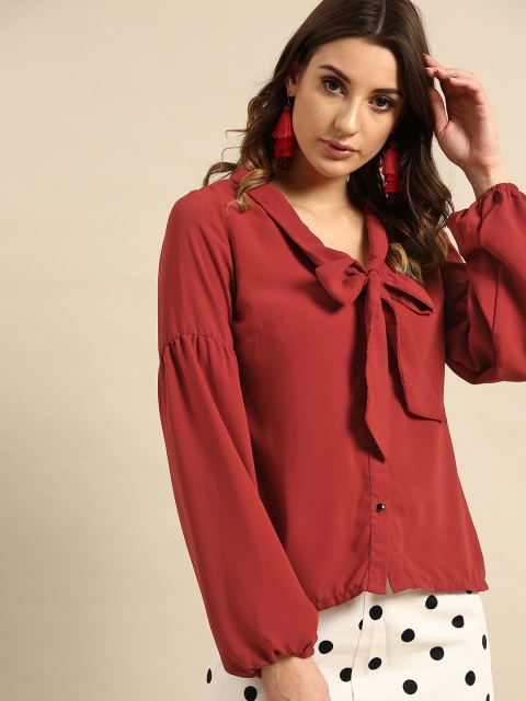 

AKS Couture Women Rust Red Tie-Up Neck Solid Top