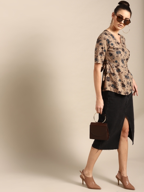 

AKS Couture Women Brown & Navy Blue Floral Print Wrap Top