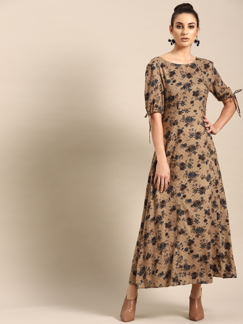 

AKS Couture Women Brown & Teal Blue Floral Printed Maxi Dress