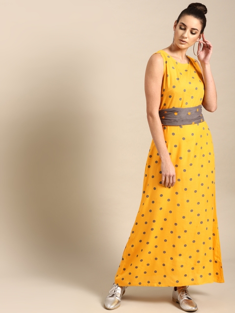 

AKS Couture Women Mustard Yellow & Grey Polka Dot Print Maxi Dress
