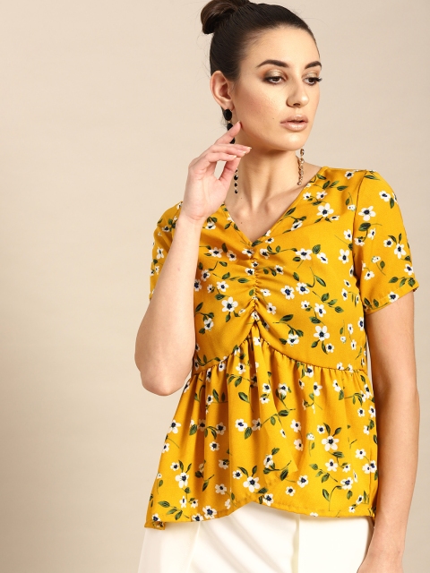 

AKS Couture Women Yellow & Off-White Floral Print Empire Top