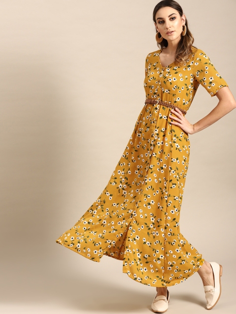 

AKS Couture Women Mustard Yellow & White Printed Maxi Dress