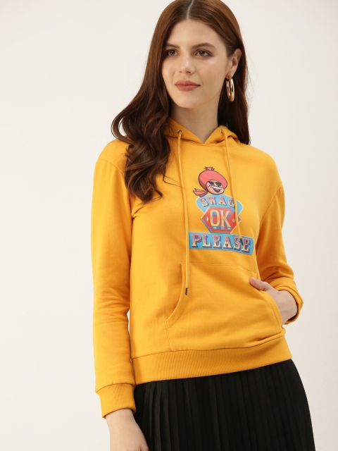 

NUSH Women Mustard Yellow Printed Hooded Sweatshirt