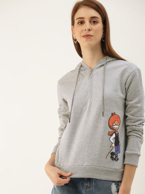 

NUSH Women Grey Printed Hooded Sweatshirt
