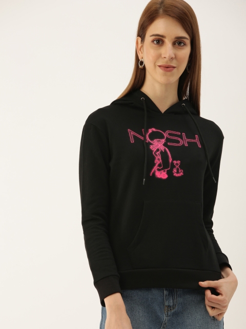 

NUSH Women Black Printed Hooded Sweatshirt