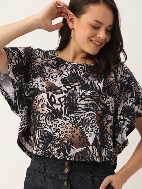

NUSH Women Black & Off-White Animal Print Kaftan Top